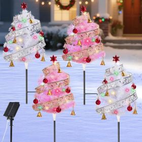 Set Of 4 Prelit Pathway Christmas Trees, 33.86" Outdoor Xmas Tree With Twining Ribbons, Red Balls And Bells, Solar And Type-C Powered Xmas Decor For Y