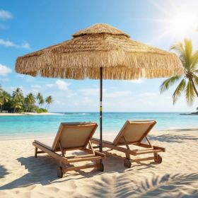 8.5 FT Hula Thatched Patio Umbrella, 2 Tier Tropical Hawaiian Style Outdoor Umbrella With 8 Ribs, Straw Tassel Design