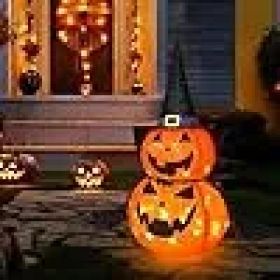 3FT Halloween Collapsible Pumpkin Decoration, 50 LED Pop-Up Pumpkin Lamp With Star Cap, Plug In Halloween Jack-O-Lantern With Metal Stand For Indoor O