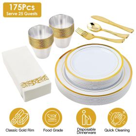 175PCS Disposable Gold Rim Dinnerware Set for 25 Guests - Premium Plastic Plates Cups Cutlery Napkins