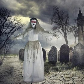 Haunted Hill Farm Zombie Bride With Pop-Up Head And Light-Up Eyes, Halloween Animatronic For Battery Operated Scary Indoor Or Covered Outdoor Hallowee (Option: 64StandingBride)